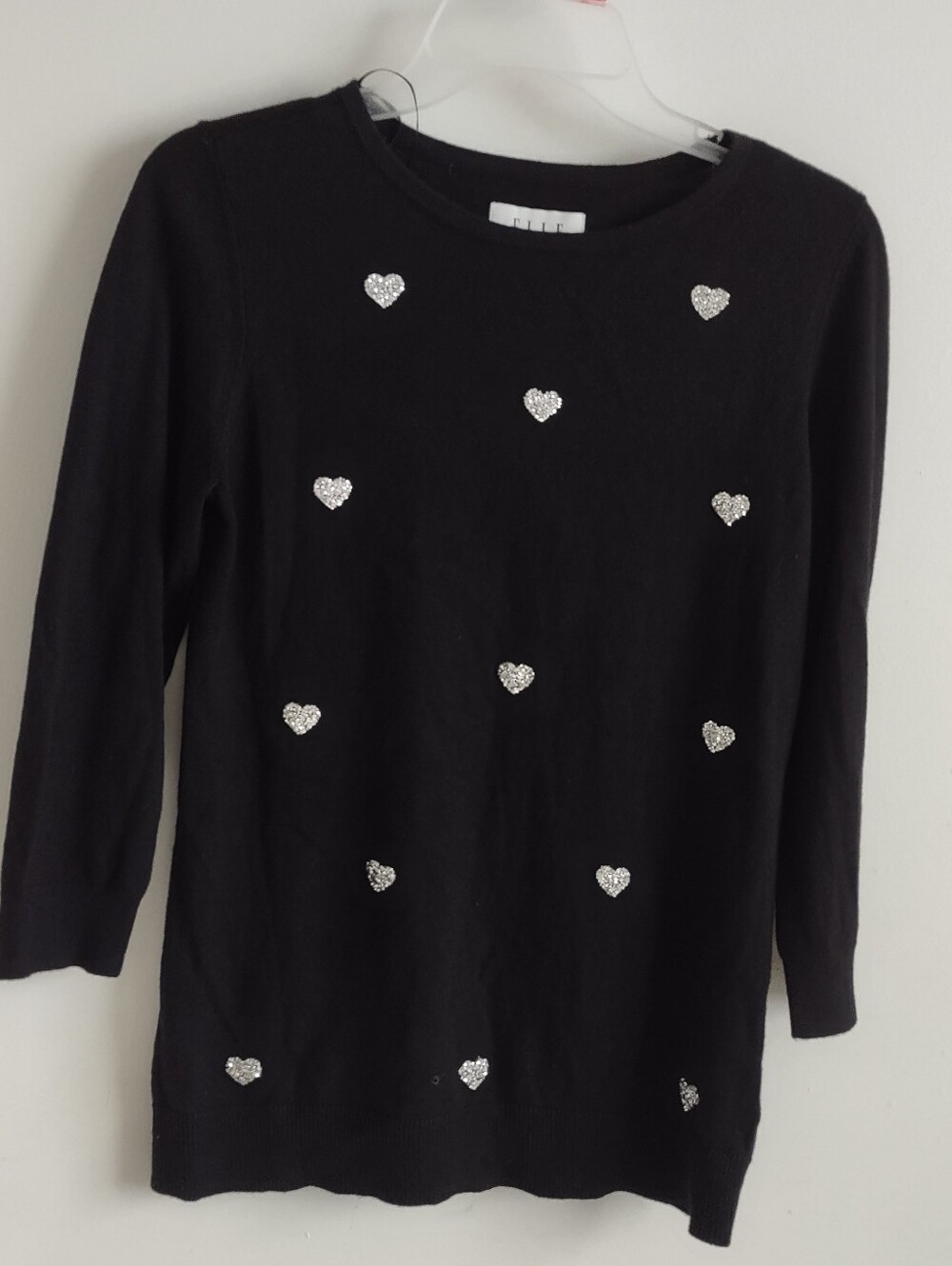 Elle Black 3/4 Sleeves Light Sweater with Silver Heart Embellishments